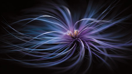 An artistic rendering features a stylized floral element. Striking blue and purple lines emanate from the center against a dark backdrop. The composition showcases dynamic movement and flowing lines. This image might be suitable for various design projects, including decorative, conceptual, and editorial uses.の素材
