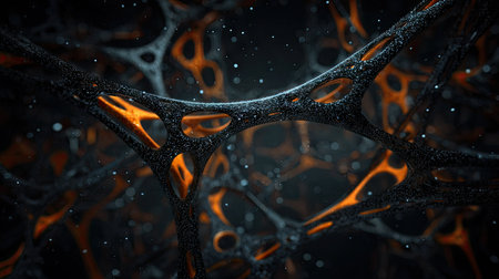 An artistic rendering features a complex, abstract network design. The image showcases interconnected structures with vibrant orange accents against a dark backdrop. The composition is highly detailed, with a focus on depth and texture. Suitable for use in conceptual designs, this image could serve commercial purposes.の素材