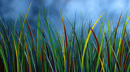 An illustration depicts vibrant blades of grass in a range of colors, including green, yellow, and red. The composition features a textured appearance, set against a soft, blurred blue backdrop. The image's clean aesthetic lends itself to various editorial and commercial applications. The scene conveys a sense of growth and artistic expression.の素材
