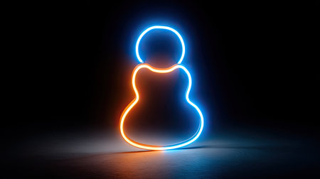 A vibrant neon figure is illuminated against a dark background, creating a striking visual contrast. The figure, outlined in blue and orange, appears to be floating in a dimly lit space. The graphic illustration showcases a modern style, potentially suitable for digital design or artistic projects. This image could be used for various commercial applications.の素材