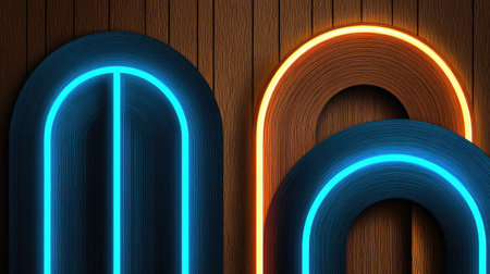 This image showcases abstract, neon-illuminated arched shapes against a wooden panel backdrop. The composition features vibrant blue and orange hues, creating a contrast. This design could be utilized in commercial projects, offering visual interest suitable for creative displays or graphic design applications.の素材