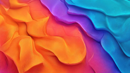This image showcases an abstract background featuring vibrant, layered waves of color. The artwork displays a gradient of hues, from warm oranges and reds to cool blues and purples. The composition has a smooth texture with soft lighting, and could be utilized for various design projects and advertising materials.の素材
