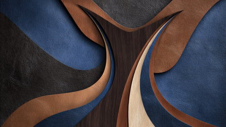 An abstract composition features interwoven curved lines in various shades of brown and blue. The visual is characterized by smooth textures and contrasting colors, with a focus on depth and dimension. This design could be utilized in various commercial projects, including marketing materials and artistic applications.の素材