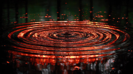 This image presents an abstract swirling water effect with concentric red patterns against a dark background. The composition features rich textures and a dynamic visual appeal with hints of light. It could be used in design projects requiring a dramatic, mysterious, or artistic element, suitable for various editorial and commercial applications.の素材