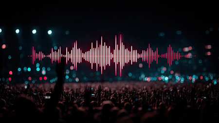 An artistic representation features a vibrant sound wave design set against the backdrop of a large audience. The composition uses contrasting colors, the wave stands out. The lighting suggests an event, possibly a concert or festival. The image is suitable for various promotional and advertising purposes.の素材