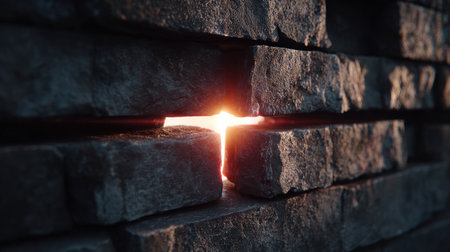 An image showcases a close-up of a dark stone wall structure. Warm light emanates through a crack, creating a striking contrast of light and shadow. The texture of the stone and the play of light suggest a sense of depth and mystery, suitable for various design projects and editorial uses.の素材