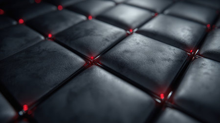 This abstract image showcases a dark, textured surface composed of geometric shapes. The predominant colors are dark gray and black, accented by subtle red highlights. The composition features a close-up perspective, emphasizing the texture. Suitable for various creative projects and adaptable for commercial applications.の素材