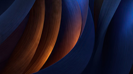 This abstract artwork features dynamic curved shapes in gradients of dark blue and brown tones. The composition employs overhead lighting to highlight textures and create visual depth. Its aesthetic style suggests digital rendering suitable for design projects, marketing materials, and other commercial applications.の素材