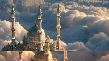 An architectural rendering presents a majestic palace with multiple towers and domes. It is situated amidst a sea of fluffy, white clouds with sunlight illuminating the scene. The image showcases a high level of detail, suggesting its suitability for various creative projects and editorial purposes. The composition evokes a sense of fantasy.の素材