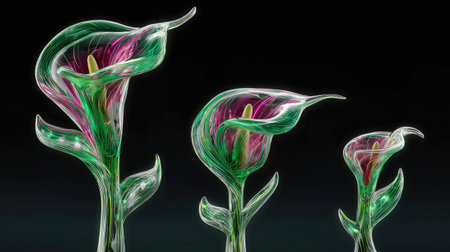 Three calla lily illustrations are presented against a dark backdrop. The flowers feature a vibrant palette of green, pink, and yellow. The style is reminiscent of digital art. The composition suggests a sense of growth and development, suitable for design and decorative applications.の素材