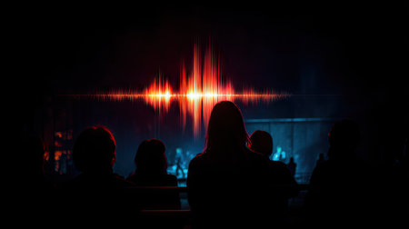 Silhouetted figures observe a vibrant sound wave visualization displayed against a dark backdrop. The composition features a rich color palette with dynamic lighting effects. This visual could be utilized in the context of music production, sound engineering, or conceptual representations of audio technology. Suitable for various editorial and commercial projects.の素材