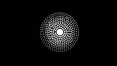 A circular pattern of white dots is centered on a black background, creating a high-contrast visual. The design employs a minimalist style with a focus on geometric shapes and negative space. Suitable for various applications, this image could serve as a decorative element or design component.の素材