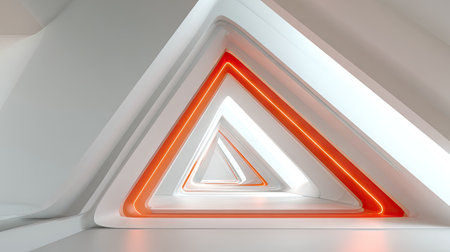 An abstract composition features a tunnel of nested triangular forms. The interior is illuminated with a warm orange neon glow, contrasting against the white surfaces. The style evokes a futuristic or minimalist aesthetic, lending itself to various uses within design, technology, or creative projects, suitable for both commercial and editorial applications.の素材