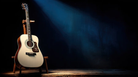 An acoustic guitar rests on a wooden stand, bathed in the glow of a spotlight. The instrument features a light-colored body and a dark neck, contrasted against a deep, shadowed background. The lighting creates a dramatic effect, highlighting the guitar's form. This image could be suitable for music-related content or artistic representations.の素材