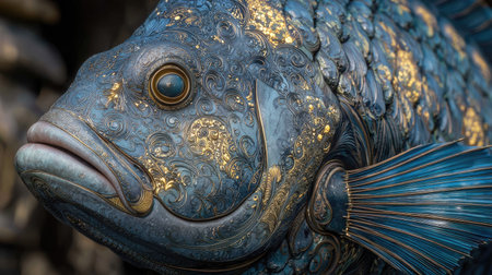 A detailed image presents a fish with a striking design. The fish exhibits shades of blue and gold across its scales. The composition likely aims to captivate, making it suitable for editorial and commercial applications such as artistic illustrations or fantasy-themed projects. The image uses close-up focus to highlight texture and patterns.の素材