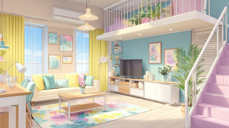 This image showcases a modern interior design with a sofa, television, and various decorative elements. The scene features a combination of pastel colors creating a vibrant and welcoming atmosphere. The composition utilizes good lighting highlighting the textures and details. This image is suitable for use in design publications and marketing materials.の素材
