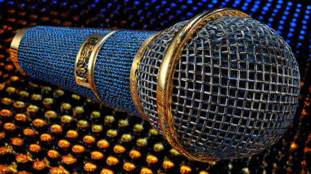 A detailed image showcases a blue and gold microphone, its mesh head in focus. The background consists of a vibrant pattern in various colors. The studio lighting enhances the metallic textures. This image can be used for promotional material, design projects, or editorial content.の素材