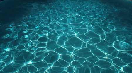 This image showcases a vibrant surface of water in shades of turquoise and blue. Sunlight creates dynamic reflections and patterns across the surface. The composition suggests an outdoor setting with ample daylight, making it suitable for various design and commercial applications such as backgrounds and visual textures.の素材