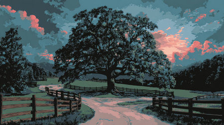 An illustration depicts a large oak tree situated on a road with fences. The sky above is colored with shades of pink and orange. The image utilizes a digital painting style and could be used for various purposes like backgrounds or illustrations for digital content.の素材