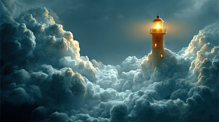 An illuminated lighthouse stands tall, emerging from a sea of fluffy clouds in a fantastical scene. The composition features a dramatic, moody sky with swirling textures and soft lighting. This image could be suitable for various commercial applications, including editorial projects and illustrative designs.の素材