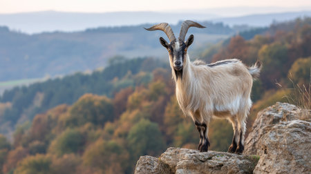 A goat with prominent horns stands proudly atop a rock formation. The image features a natural color palette, with the animal's light fur contrasting against the surrounding landscape of autumn foliage and a blurred horizon. The photograph may be suitable for illustrating topics related to wildlife, nature, or environmental themes.の素材