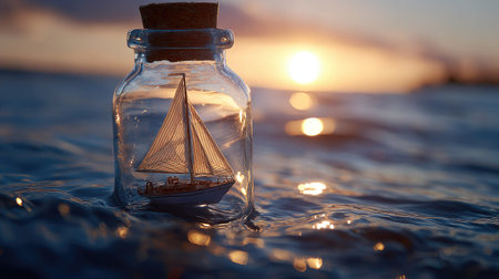 A small sailboat inside a glass bottle is pictured floating on water during a sunset. The image displays warm colors from the setting sun, creating a bokeh effect on the water's surface. This composition could be used in various commercial or editorial contexts, illustrating concepts of travel or serenity.の素材