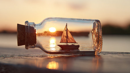 A small sailboat is encased within a glass bottle, set against a blurred background of a golden sunset. The image displays a shallow depth of field, highlighting the boat and bottle. This composition of warm colors and soft textures could be suitable for various creative and illustrative applications.の素材