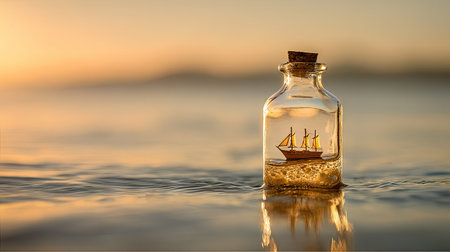 A small wooden sailboat rests inside a transparent glass bottle, placed in water with golden reflections. The image features soft lighting and a blurred background suggesting a coastal environment at dusk. This composition can be used for conceptual or decorative purposes, suitable for various design applications.の素材