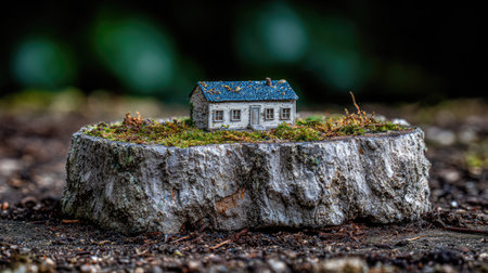 A miniature house rests atop a textured tree stump, surrounded by moss and small plants. The scene is set outdoors, with a blurred green background hinting at a natural environment. The composition utilizes selective focus. This image could be used for illustrations, design projects, or conceptual visualizations.の素材