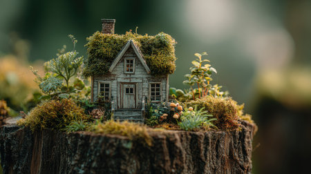 A detailed miniature house rests on a tree stump, enveloped by lush greenery. The scene showcases soft lighting with a shallow depth of field, emphasizing the textured foliage. The overall composition suggests a fantasy setting or concept illustration, possibly suitable for editorial or creative projects.の素材