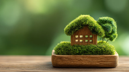 A small wooden house with a moss roof and a miniature tree rests on a wooden base. The scene features a blurred green background, indicating an outdoor setting. The house is illuminated, suggesting daylight. This image can be used for concepts related to sustainability, nature, or environmental protection, and it is suitable for various commercial purposes.の素材