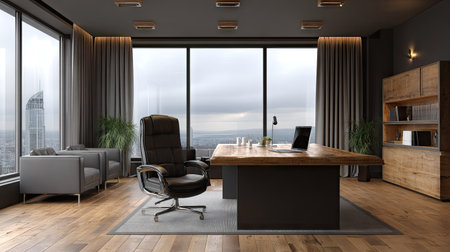 An interior shot showcases a contemporary office space. The scene features a large desk, a comfortable chair, and a laptop. Natural light streams through expansive windows, highlighting wooden floors and neutral-toned furnishings. This image is suitable for various business and design-related applications, as well as editorial use.の素材