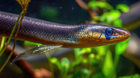 A close-up captures a colorful snake underwater, showcasing a sleek body and detailed scales. The creature is framed by green aquatic plants, with light filtering through the water. This image displays natural textures and colors, appropriate for illustrating natural science and wildlife topics for various commercial uses.の素材