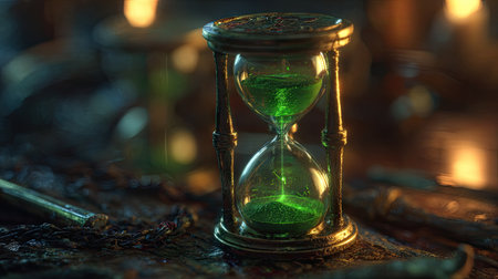 An hourglass filled with green liquid stands prominently, suggesting a focus on time. The image features a dark, atmospheric environment with diffused lighting. The composition and style could be utilized for various commercial and editorial projects.の素材