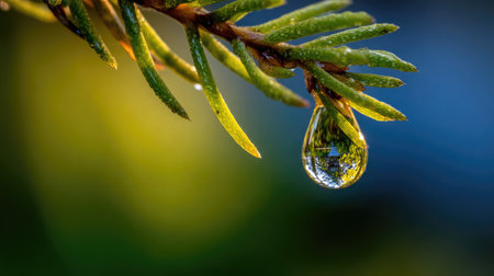 A close-up photograph displays a water droplet suspended from a green fir branch. The droplet reflects the surrounding environment, creating a detailed miniature scene. The composition utilizes a shallow depth of field, with soft focus in the background and bright sunlight. Suitable for a variety of editorial or commercial applications.の素材