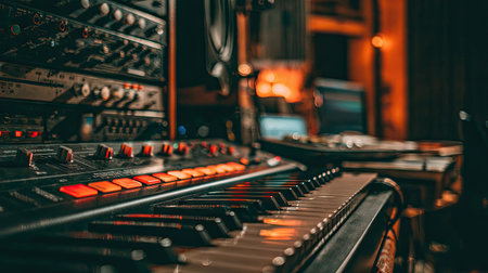 A close-up view presents a music studio setup, with a focus on a keyboard and control panel. The scene exhibits warm lighting, suggesting an interior environment. A variety of sound equipment is visible, implying a recording or music production context. The image could be used for advertising, editorial, or design projects related to audio and music.の素材