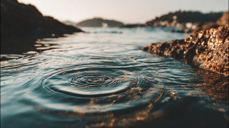 This image showcases water ripples expanding outwards in a circular pattern. The focus is on the center, highlighting the texture and movement of the water. Rocks frame the foreground, while a blurred background suggests a natural environment. The composition offers versatility for various uses including design and visual content.の素材