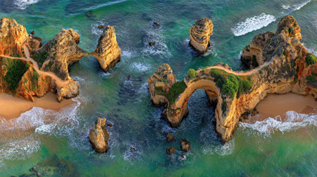 An aerial perspective showcases weathered sandstone cliffs and natural rock arches along a coastline. The image features a blend of turquoise waters, sandy beaches, and vegetation atop the formations. The composition, lit by natural daylight, could be utilized for travel or environmental themes, or general design projects.の素材