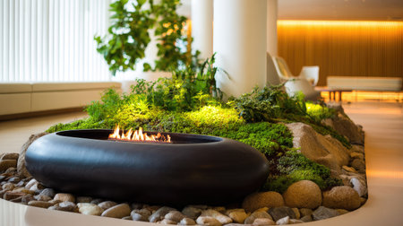 An interior scene features a modern fire pit, its flames contrasting with surrounding greenery. The composition includes a stone and pebble base, with an abstract column in the background. Natural light and warm tones create a balanced, inviting ambiance. This image is suitable for various commercial uses.の素材