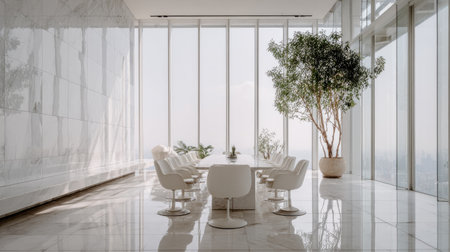 A bright office space features a long table surrounded by chairs, suitable for meetings. The minimalist design emphasizes natural light streaming through large windows. The scene includes a decorative tree adding a touch of nature. This setting is suitable for various business or editorial needs.の素材