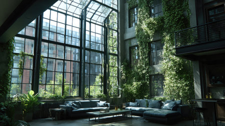 An interior space features large, multi-pane windows and abundant natural light. The room includes seating areas and a table. Climbing plants add a natural element, contrasting the building's architecture. This image is suitable for various commercial purposes, including advertising and editorial content.の素材