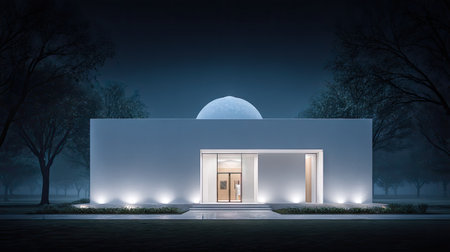 A contemporary architectural rendering showcases a minimalist home at night. The structure features clean lines and a simple facade, illuminated by soft lighting. The surrounding environment is dark, with trees creating silhouettes. This image is suitable for use in design, architecture, or real estate presentations.の素材