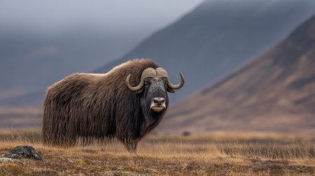 A majestic musk ox stands prominently in a natural outdoor environment. The animal, characterized by its shaggy brown fur and impressive horns, is set against a backdrop of rolling hills and a cloudy sky. The composition features a natural color palette and soft lighting, suitable for various editorial and commercial applications.の素材