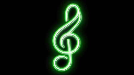 A vibrant green neon treble clef glows against a stark black backdrop. The graphic features a stylized, elegant design with smooth curves and bright illumination. This artwork employs a clean, modern aesthetic with strong contrast, suitable for various promotional or illustrative applications across digital media.の素材