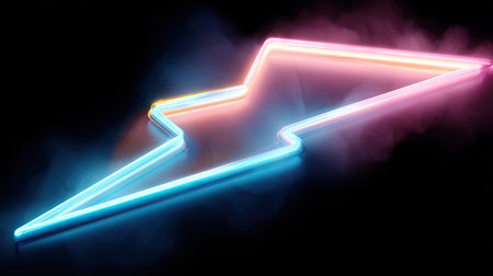 A neon lightning bolt is depicted against a dark background, emitting a vibrant glow with blue, pink, and orange hues. The graphic showcases a futuristic design, utilizing sharp lines and a gradient effect. Suitable for visual concepts related to electricity, technology, or energy, the illustration could be used in various commercial applications.の素材