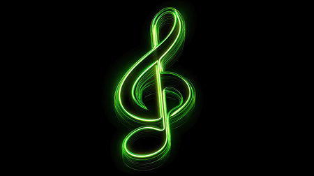A glowing green treble clef illuminates against a stark black backdrop. The neon-style image displays flowing lines, suggesting movement and energy. This visual composition, with its high contrast, could be utilized in various commercial projects, including promotional materials or digital designs, to represent music.の素材