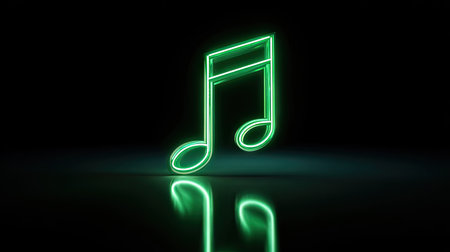 A luminous green musical note is depicted against a black backdrop, reflecting on a glossy surface. The image showcases a modern aesthetic with a focus on color contrast and digital rendering techniques. This graphic could be used in various applications, including website design, advertising campaigns, or editorial content.の素材