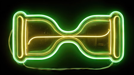 An illuminated hourglass shape glows with neon green and yellow hues against a black background. The design presents a symmetrical composition with rounded edges and soft illumination. It conveys a visual concept that would be suitable for various design projects, with applications in advertising and editorial contexts.の素材