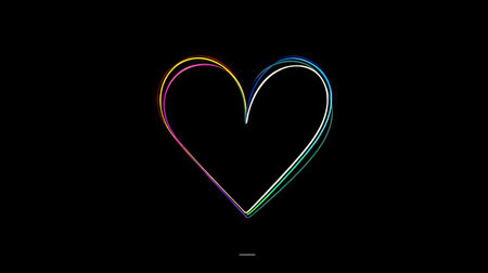 A vibrant neon heart shape is depicted against a stark black backdrop. The artwork features flowing lines with a spectrum of colors. The composition is simple, with the heart as the central focus. It may be suitable for creative projects, social media content, or design purposes.の素材