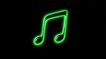 A luminous green musical note is displayed against a black backdrop. The graphic features a glowing outline, suggesting a neon effect. The composition is simple, with the musical symbol as the central focus. This imagery is suitable for various commercial uses, including advertising and design projects.の素材